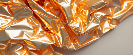 AI Generated. Close up festive abstract background of golden orange crumpled glossy metallic plastic foilの素材