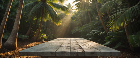 AI Generated. Wooden Table in Tropical Jungle with Palm Trees and Soft Sunlight for Design Showcaseの素材