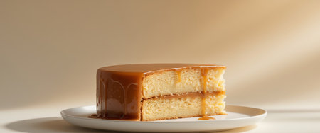 AI Generated. Golden Almond Cake with Caramel Glaze on White Plateの素材
