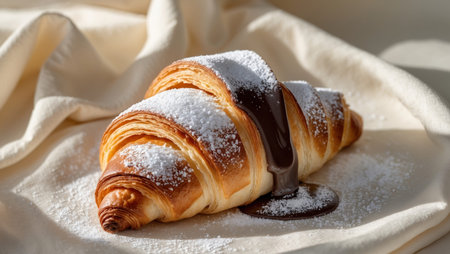 AI Generated. Light Croissant with Chocolate Filling and Powdered Sugarの素材