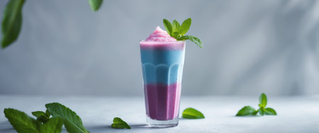AI Generated. Refreshing Berry Smoothie in a Glass Garnished with Fresh Mint on a Gray Surface Surrounded by Green Mint Leavesの素材