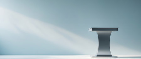 AI Generated. Silver podium on white surface with light blue wall backdropの素材