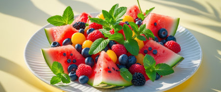 AI Generated. Vibrant summer fruit salad featuring watermelon berries and refreshing mint on a plateの素材