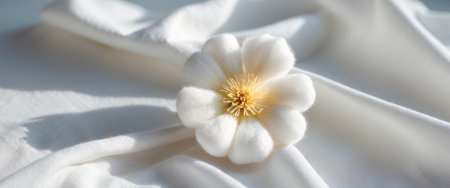 AI Generated. Cotton flower on white cotton fabric cloth backgrounds with copy spaceの素材