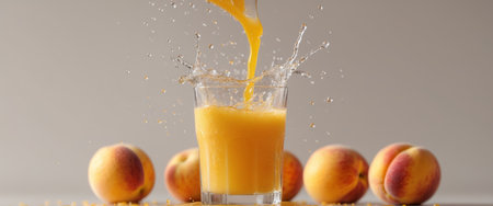 AI Generated. Fresh juice splashing from a glass surrounded by peachesの素材