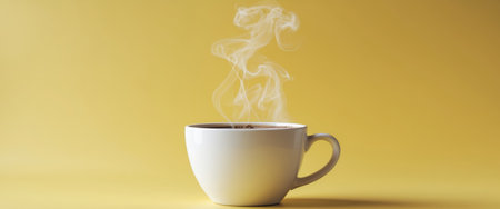 AI Generated. Aromatic Steam Rising From a Cup of Freshly Brewed Coffee on a Vibrant Yellow Backgroundの素材