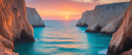 AI Generated. Vibrant Sunset Over a Turquoise Sea Through Coastal Cliffsの素材
