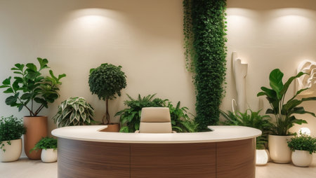 AI Generated. Modern Office Reception Desk Design With Plantsの素材