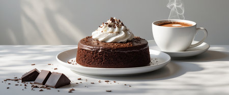 AI Generated. A delicious chocolate cake with white cream and a cup of coffee makes a tasty breakfast or sweet snackの素材