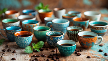 AI Generated. A beautifully arranged collection of colorful ceramic cups displayed on a rustic wooden surfaceの素材