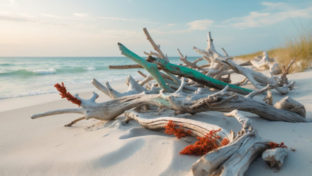 AI Generated. A Beautifully Serene Shoreline with Unique Driftwood Pieces Beneath a Soft and Calm Sky Above Itの素材