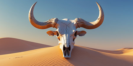AI Generated. a bull skull with horns in a desert areaの素材