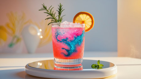 AI Generated. Sunny Summer Sips A Captivating Drink Presentation on Glossy White Standの素材