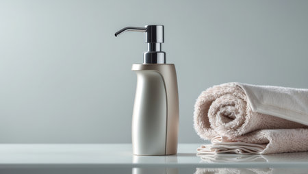AI Generated. This is a Stylish Bathroom Soap Dispenser that comes with a Soft Towel for your convenienceの素材