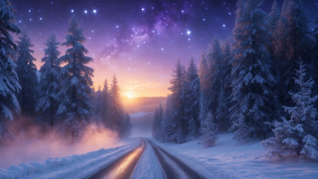 AI Generated. Tranquil winter road at sunrise with snow covered trees and star filled skyの素材