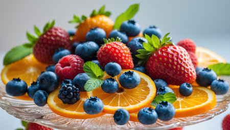 AI Generated. Vibrant Fruit Dessert with Mixed Berries and Orange Slicesの素材