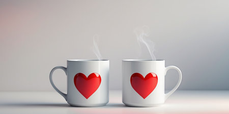 AI Generated. Two White Coffee Mugs with Red Hearts Valentines Dayの素材