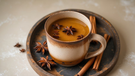 AI Generated. Warm Cinnamon and Star Anise Drink on a Rustic Wooden Tray for Cozy Autumn Vibesの素材
