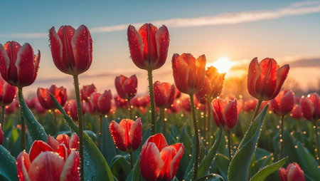 AI Generated. Blooming red tulips with water droplets at sunsetの素材