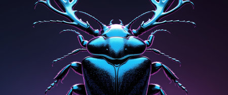 AI Generated. Close Up of Black Stag Beetle Insect Showcasing Antlers and Distinct Features on Dark Background with Empty Space for Text Integrationの素材