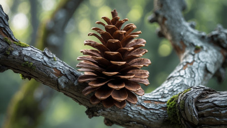 AI Generated. Close up shot of a pine cone on a tree branchの素材