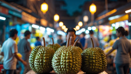 AI Generated. Fresh Durian Stand in Busy Street Market at Night with Bright Lights and Vendorsの素材