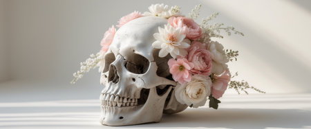 AI Generated. Skull adorned with delicate pink and white flowers on a light backgroundの素材