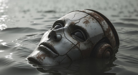 AI Generated. Weathered Robot Head by Calm Ocean Waterの素材