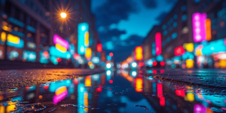 AI Generated. Vibrant Urban Night Reflections in Puddlesの素材