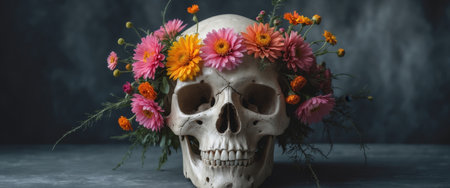 AI Generated. Weathered skull with vibrant floral wreath on a dark moody backgroundの素材