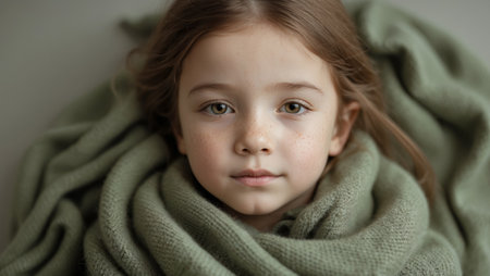 AI Generated. Young girl with freckles wrapped in a soft green sweaterの素材