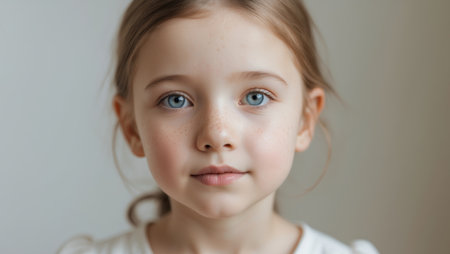 AI Generated. A young girl with blue eyes and freckles on her faceの素材