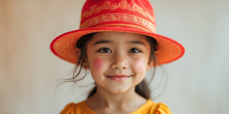AI Generated. A young girl wearing a red and orange hatの素材