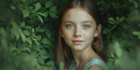 AI Generated. Beautiful Teen Girl with Blue Eyes in Lush Green Natureの素材
