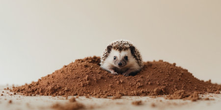 AI Generated. Cute Hedgehog Emerging from a Pile of Brown Soil in Natureの素材
