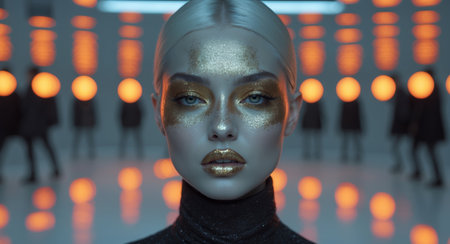 AI Generated. Fashion model with golden glitter makeup and orange lights reflecting on faceの素材
