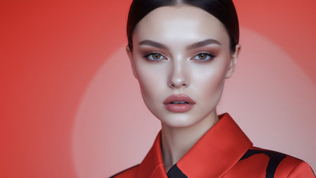AI Generated. Fashionable model on a red background with a blur effectの素材
