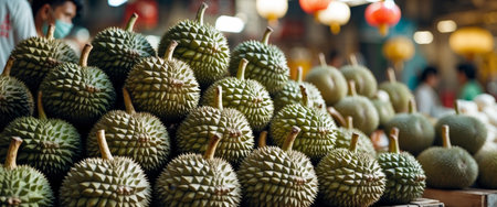 AI Generated. A pile of durians are on display at a marketの素材