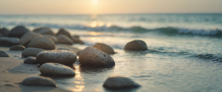 AI Generated. Rounded rocks bathing in golden sunset light on calm sea shoreの素材