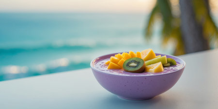 AI Generated. Vibrant purple smoothie bowl with fresh tropical fruit and ocean viewの素材