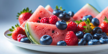 AI Generated. Bright and refreshing summer fruit salad featuring watermelon and mixed berries on a white plateの素材