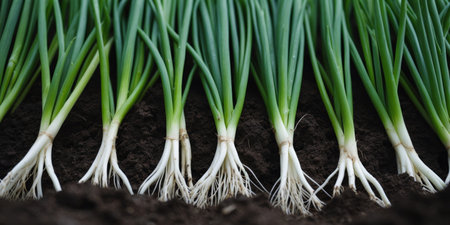 AI Generated. Close up of green onions in rows roots buried in dark soilの素材