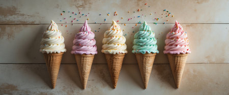 AI Generated. Delicious Creamy Ice Cream Cones on Wooden Table Top Backgroundの素材