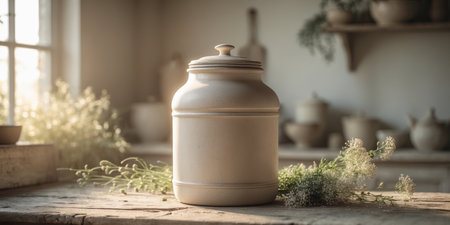 AI Generated. Farmhouse Kitchen Concept Flour Jar Rustic Setting Natural Lightingの素材