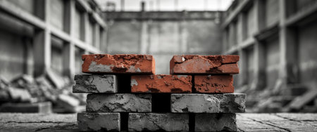 AI Generated. Stacked red bricks with weathered texture in a construction settingの素材
