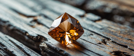 AI Generated. Faceted topaz gemstone displayed on rustic wooden textured surfaceの素材