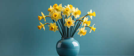 AI Generated. Daffodils in Blue Ceramic Vase with Teal Backgroundの素材