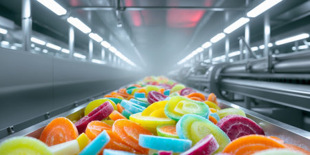 AI Generated. Colorful vegetables sliced and frozen in an industrial food processing plant with bright lightingの素材