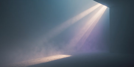 AI Generated. Mysterious fog and light illuminate a dark space creating an atmospheric ambianceの素材
