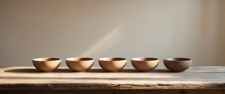 AI Generated. Light floods a wood dining table set with bowlsの素材